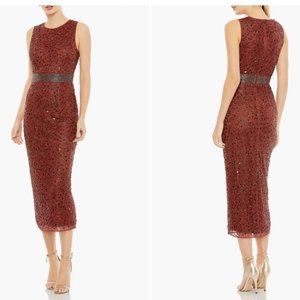 MAC DUGGAL 93758 GEOMETRIC EMBELLISHED SLEEVELESS A-LINE BRICK MIDI DRESS sz 12